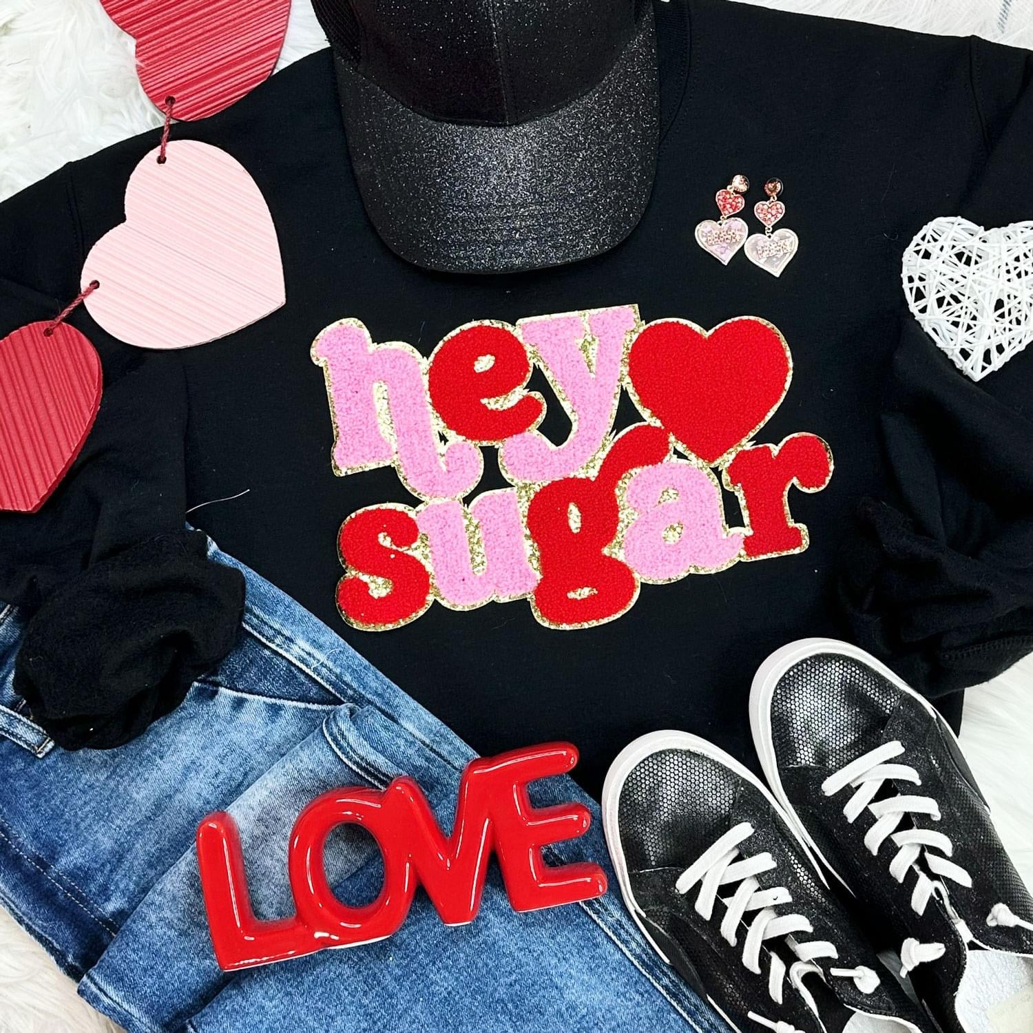 Hey Sugar Patch on Black Sweatshirt